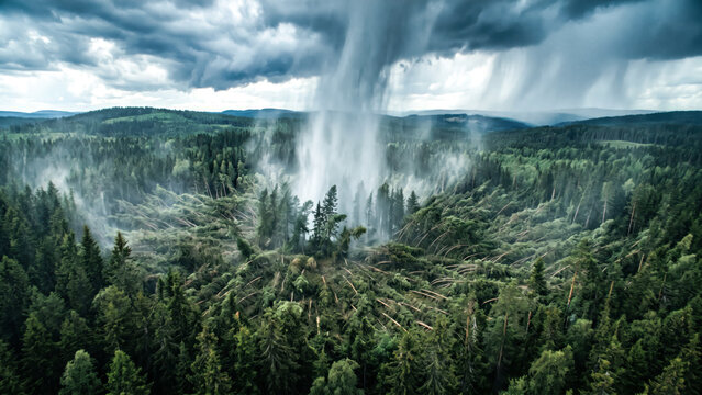 intense microburst wind shear creating radiating flattening patterns across dense forest canopies bending tall trees down in a cinematic style extreme weather event