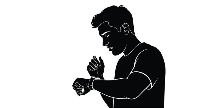 Man Looking At Wristwatch Black Silhouette Against White Background male
