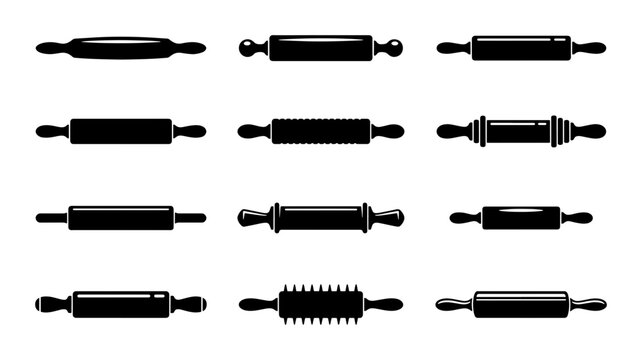 Set of 12 Black Rolling Pins, Kitchen Utensils, Baking Tools, Dough Rollers, Culinary Equipment, Vector Icons for Food Preparation and Pastry Making