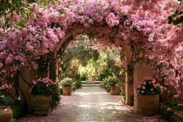 Naklejka premium Pink bougainvillea archway framing a sunlit stone garden path with vibrant floral blooms for luxury travel and wedding venue branding