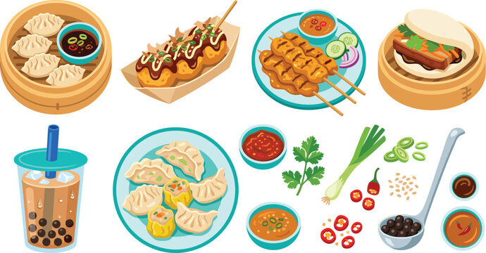 Asian street food vector illustration set featuring dim sum dumplings takoyaki bao bun satay and boba tea for restaurant menu design and marketing