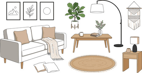Boho style living room furniture set illustration with a cozy sofa coffee table house plants and decor elements for interior design advertising © Protima