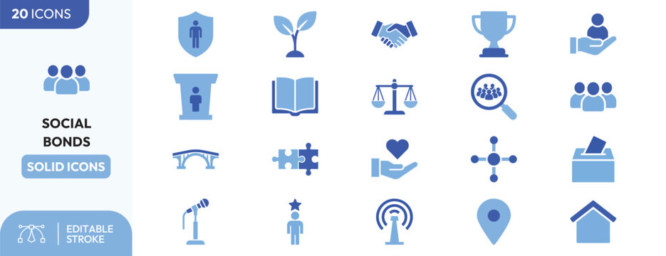 Civic Participation Framework icon set. Containing group discussion, magnifying glass community, scales of justice, open book, network connections, voting box. Editable stroke. Vector illustration.