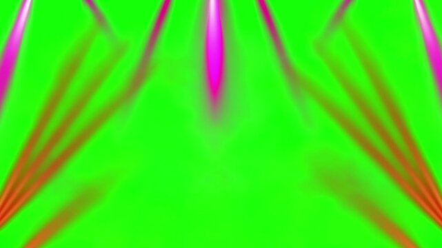 Colorful stage spotlights with purple and orange laser beams on green screen background