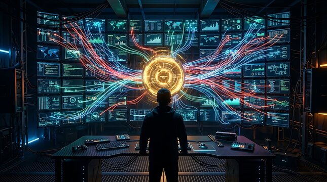 Person analyzing data on multiple screens in a futuristic control room with neon lights