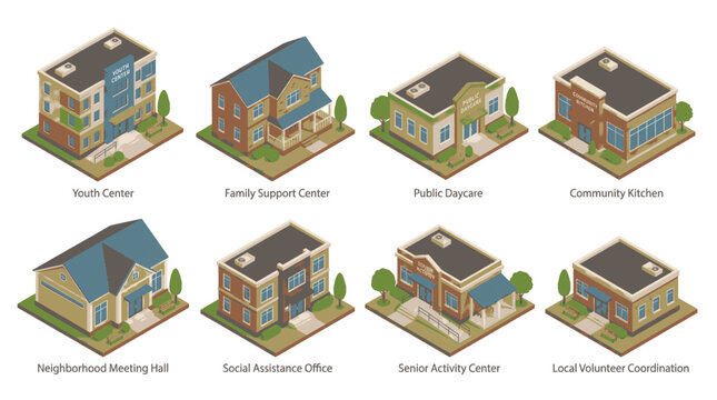 Collection of isometric illustrations of various community service buildings and centers.