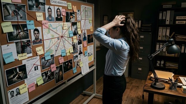Detective investigating complex murder case with evidence board and suspect profiles