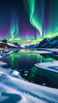 Aurora borealis over icy mountain landscape.