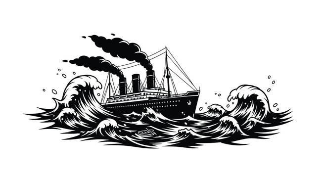 Ocean liner with waves black and white vector silhouette