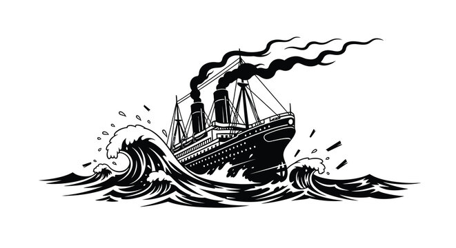 Ocean liner amidst waves black and white vector silhouette