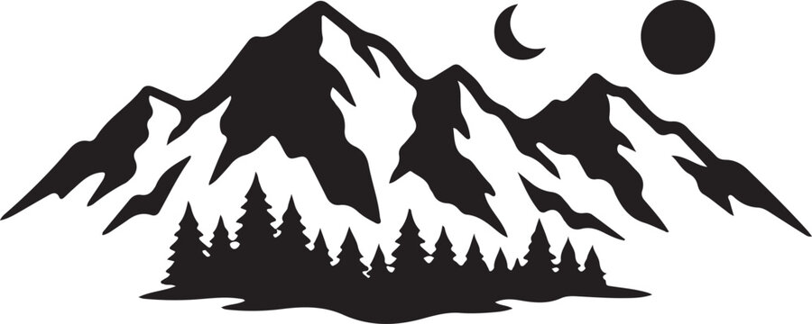 Mountain range silhouette, moon and crescent, pine trees, black vector icon