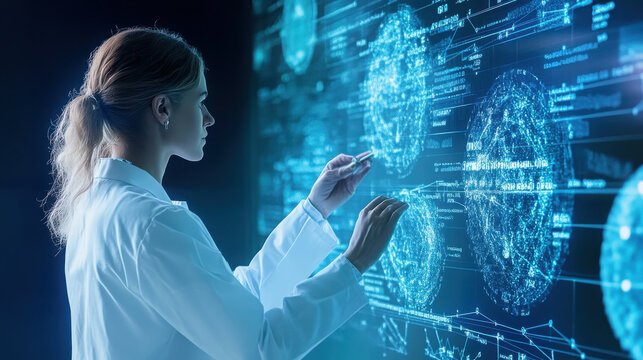 A woman in a lab coat interacts with a futuristic digital interface displaying brain scans and data visualizations in a dark room with blue lighting