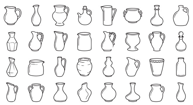 Large grid of antique and modern ceramic pottery vases and jugs with ceramics earthenware handmade
