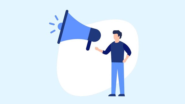 Animated man speaking into a large megaphone