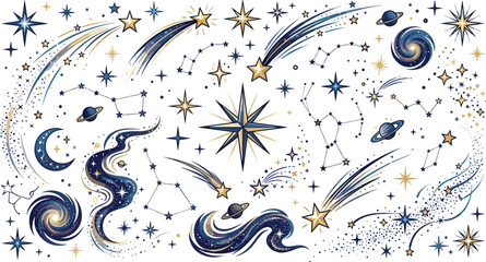 Celestial space vector illustration element set featuring constellations shooting stars planets galaxies and moon for mystical astrology branding packaging © Protima