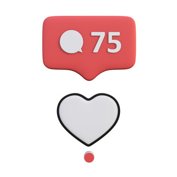 3D rendered social media notification icon with heart symbol and numerical counter, illustrating likes, popularity, and online engagement on platforms