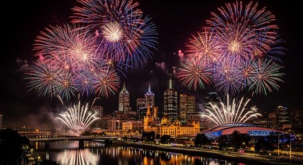 Fototapeta premium Colorful Fireworks Display Over City Skyline Night Scene.