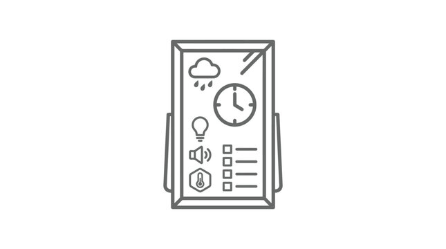 Vertical smart mirror display with interactive weather icons.
