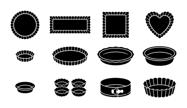 Baking Pan Icons Set, Round Tart Molds, Square Cake Tins, Heart Pie Dishes, Silicone Bakeware Collection, Culinary Equipment Vector Graphics