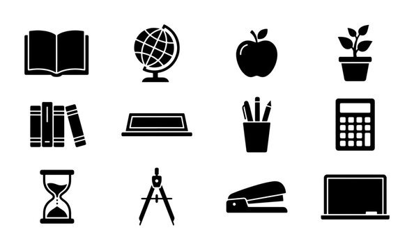 School Supplies Vector Icons Set: Open Book, Globe, Apple, Plant Pot, Books Stack, Stapler, Calculator, Hourglass, Compass, Pen Holder, Laptop, Ruler