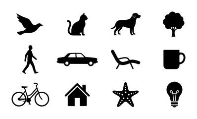 Obraz premium Set of 12 Simple Black Silhouette Icons: Bird, Cat, Dog, Tree, Person, Car, Chair, Mug, Bicycle, House, Starfish, Lightbulb. Versatile Vector Graphics for Web Design and Infographics.