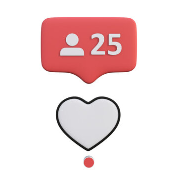 3D Social Media Notification Icons with Follower Counter Bubble and Heart Shape