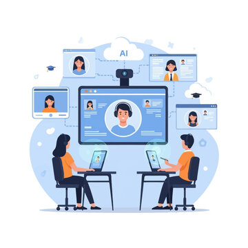Vector illustration of remote students attending an AI-powered virtual classroom session with a large monitor displaying video conference participants and digital learning profiles.