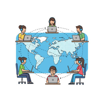 Flat vector illustration of six diverse people using laptops and headsets for remote learning or global collaboration, positioned around a world map with dashed connection lines.