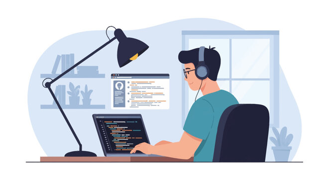 Vector illustration of a male software developer wearing headphones and glasses, coding on a laptop at a home office desk featuring a desk lamp, bookshelves, and window background.