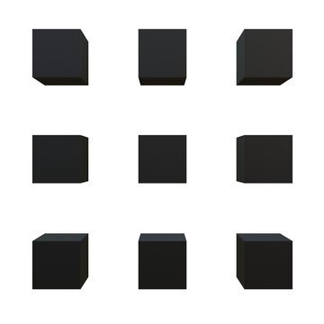Minimalist 3D Grid Composition Featuring Nine Floating Black Cubes on a Clean White Background