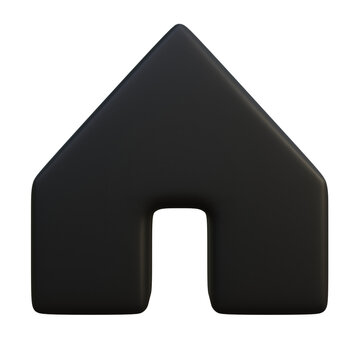 A black matte 3D home icon, representing a house with an arched doorway, on a white background