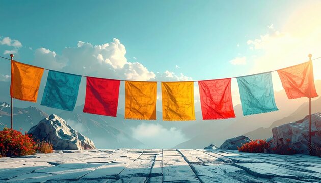 Colorful Prayer Flags Fluttering in Mountain Breeze.