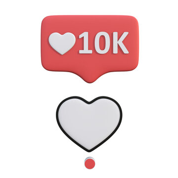 3D render of a social media notification icon with ten thousand likes heart counter on white background