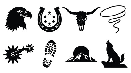 Western cowboy silhouette vector clipart set with eagle, horseshoe, bull skull, lasso, and wolf © azad
