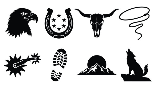 Western cowboy silhouette vector clipart set with eagle, horseshoe, bull skull, lasso, and wolf