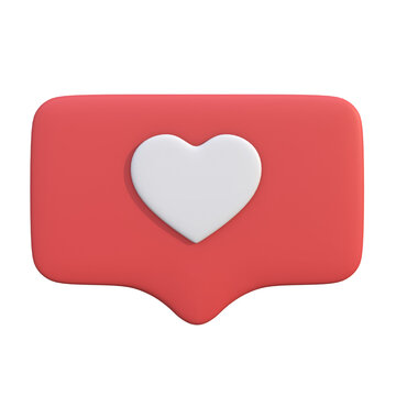 3D Render of a Red Social Media Notification Bubble with a White Heart Symbol for Like and Love Concepts