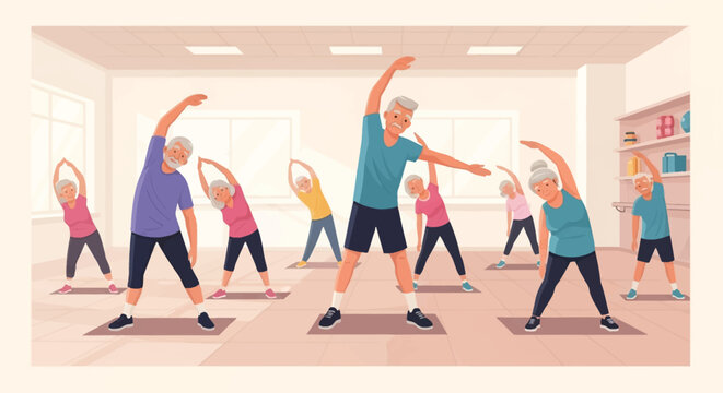 Diverse group of senior men and women in an indoor fitness studio performing side stretch exercises on mats led by an instructor, vector illustration of elderly health class.