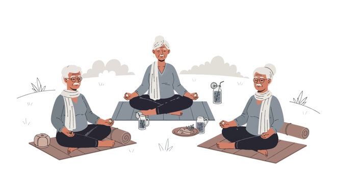 Vector illustration of three senior adults sitting on yoga mats in a cross-legged meditation pose outdoors, featuring glasses, scarves, healthy beverages, and snacks on a white background.