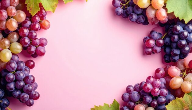 Fresh Assortment of Ripe Grapes on a Pink Background.