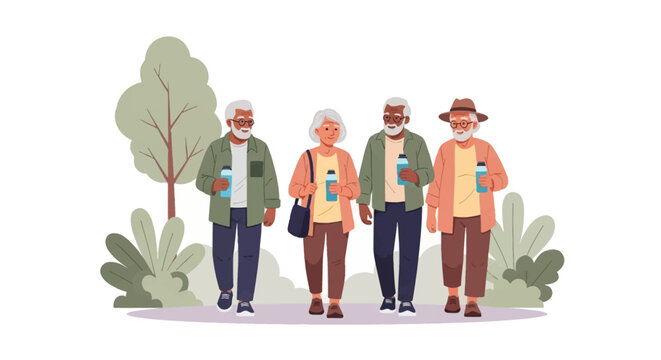 Vector illustration of four diverse senior men and women walking together outdoors holding water bottles for hydration, depicting an active lifestyle, health, and social aging in a park.