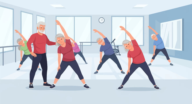 Flat vector illustration of senior men and women performing side stretch exercises in a fitness class guided by a male instructor in a bright gym studio with windows.