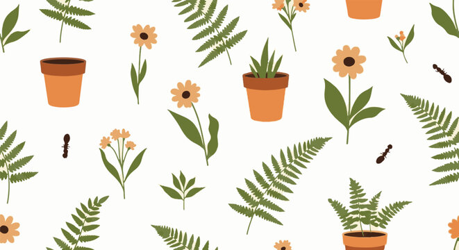 Colorful potted plants and ferns with flowers illustration.