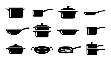 Fototapeta premium Black Kitchen Cookware Icons Set, Vector Cooking Pots and Pans Collection, Culinary Utensils Graphic Elements for Food Preparation and Restaurant Design