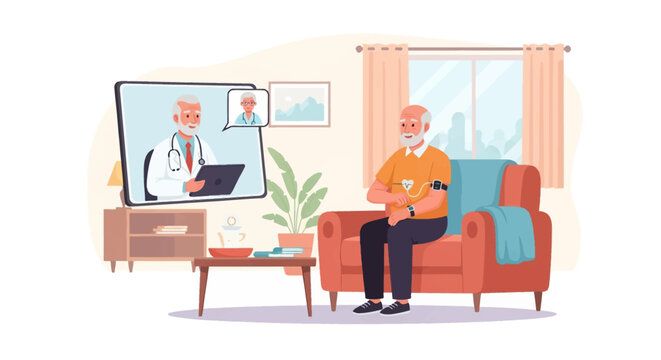 Senior man sitting on sofa in living room using wearable heart monitor during telehealth consultation with doctor and nurse on large digital screen via remote video call.