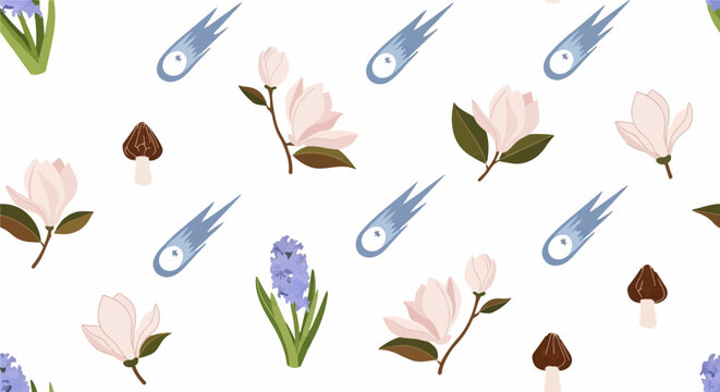 Colorful flowers and shooting stars illustration.
