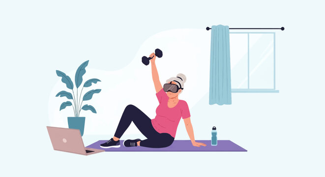 Senior woman wearing VR headset lifting dumbbell on yoga mat in living room with laptop, plant, and window, flat vector illustration of virtual fitness and healthy aging.