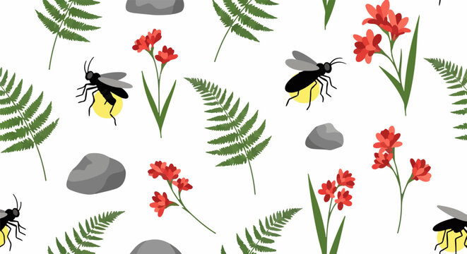 Colorful insects flowers ferns and stones pattern design.