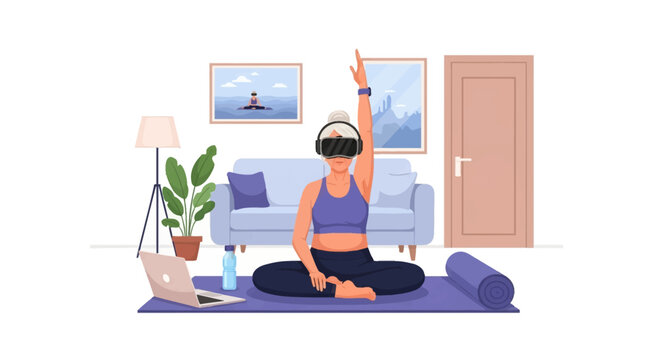 Vector illustration of a senior woman wearing a VR headset while practicing yoga on a mat in her living room, following an online class on a laptop in a modern home interior.