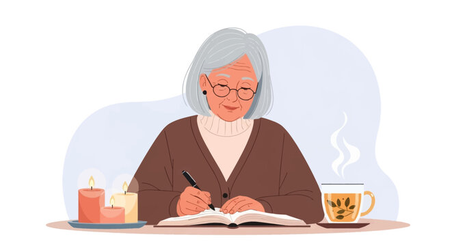 Senior woman with grey hair and glasses writing in an open journal at a table with lit candles and a hot cup of herbal tea, vector illustration of elderly person journaling at home.