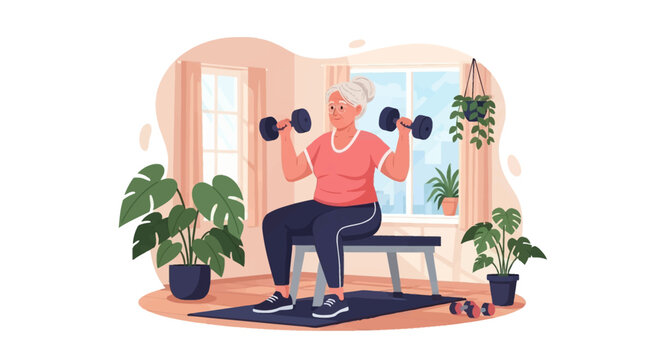 Flat vector illustration of a senior woman with gray hair lifting dumbbells while sitting on a weight bench in a bright room with indoor plants, focusing on fitness and active aging.